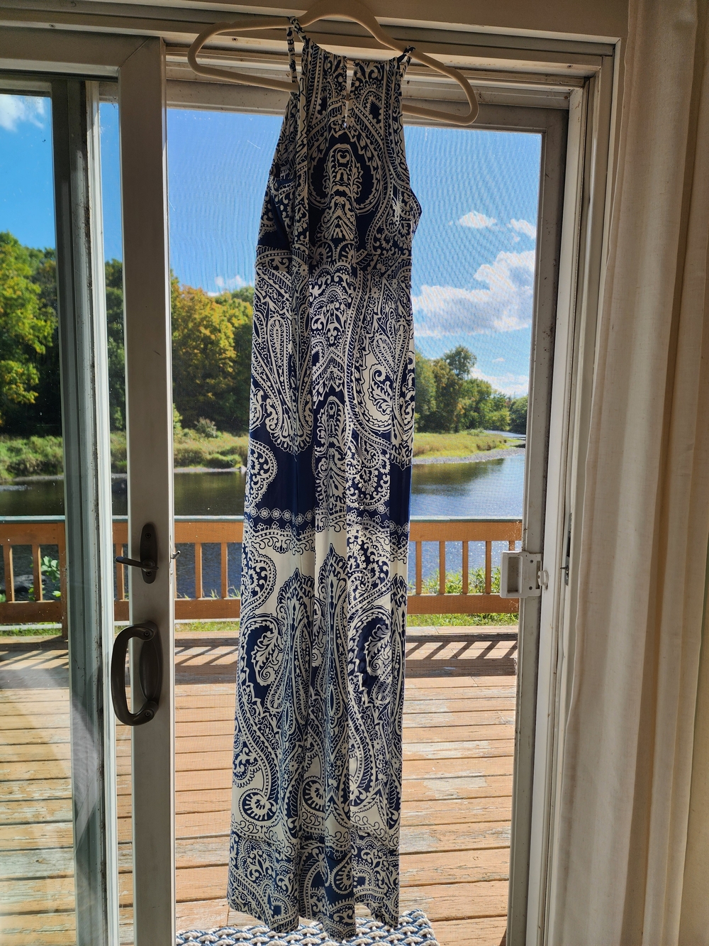 INC International Concepts Navy & White Paisley Halter Maxi Dress